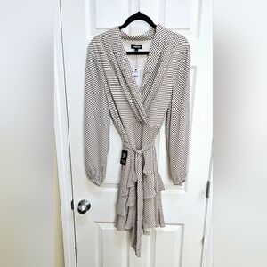 Express Polka Dot Collared Long Sleeve Tie Waist Tiered Mini Dress